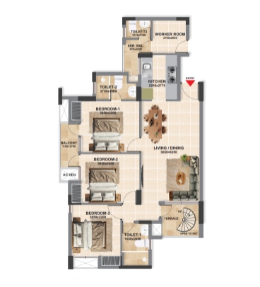 3 BHK + W Apartment